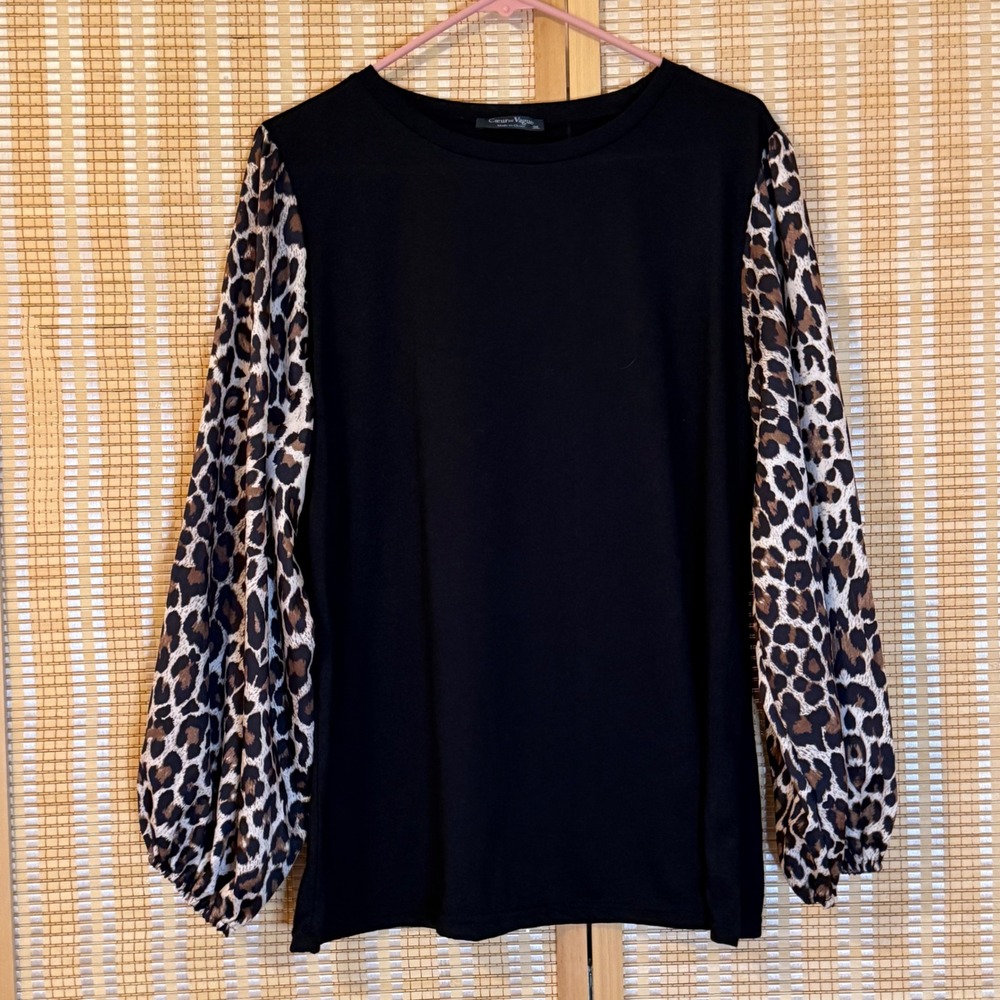 Coeur de Vague Womens 3XL Black Leopard Print Balloon Sleeve Blouse Top Cotton